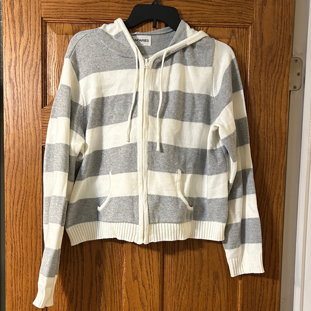 Gray and White Striped Women's Zip Cardigan